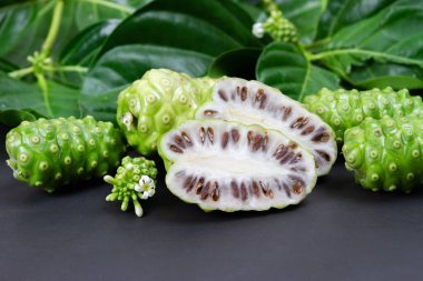 Noni meyvesi ya da Morinda Citrifolia ve yaprağı siyah arka planda izole edilmiş.. 