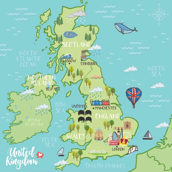 Ηνωμένο Βασίλειο Χειροποίητος Εικονογραφημένος Χάρτης — Διανυσματικό Αρχείο