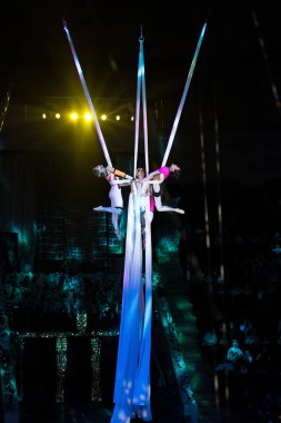 TASHKENT, UZBEKISTAN - 23 Mart 2025: Sirk akrobatlarının tuvallerdeki performansı. Takım kızları havada akrobatik elementler sergiler..