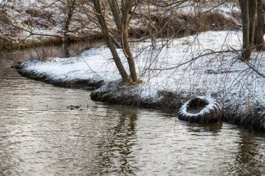 Banliyölerdeki bitsa nehri, kar çalıları, eski lastikler, ekoloji