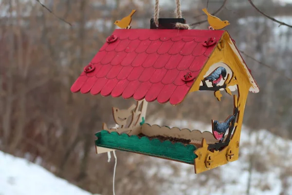 Vogelfutterhäuschen Mit Hölzernen Farbigen Vögeln Winter — Stockfoto