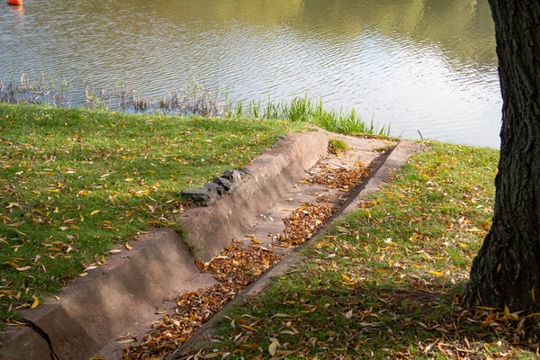 Betonnen Regenwatergoot Bedekt Met Droge Gevallen Bladeren Aan Oever Van — Stockfoto