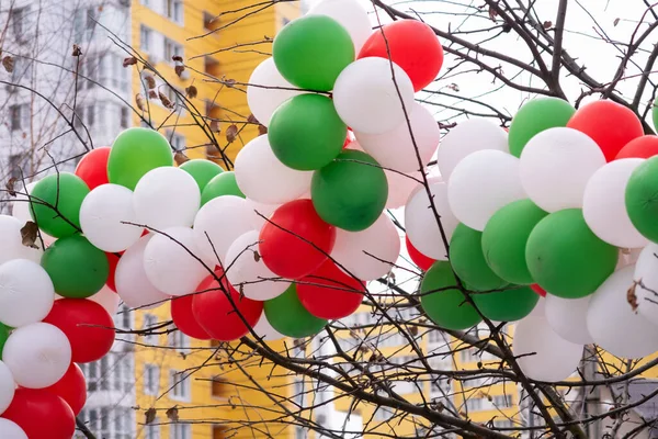 Garland of colorful balloons on the branches of bushes against the background of residential buildings, celebration