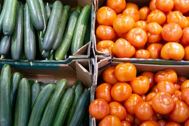 Marketteki karton kutularda salatalıklar ve domatesler, sebze arka planı.