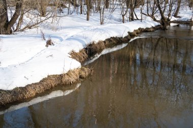 Orman nehrinin kıyısında kar, ilkbaharın başlarında, yansıma.