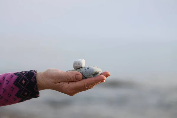 Duas Pedras Palma Uma Mulher Sonhos Mar Praia — Fotografia de Stock