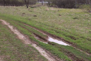 Şehir yollarında bir su birikintisi, bahar çimeni, Moskova bölgesi, Nisan 2021