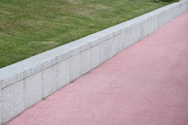 Caminho Pedestre Rosa Com Fio Pedra Azulejo Branco Gramado Gramado — Fotografia de Stock