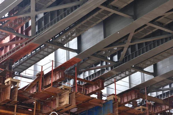 Steel scaffolding and metal structures of a flyover under construction, Moscow, Okruzhnaya platform, June, 2021