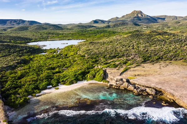Vista Aerea Sopra Paesaggio Curacao Caraibi Con Oceano Costa Colline — Foto Stock