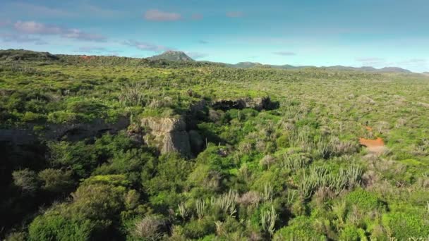 Vista aérea sobre el paisaje de Curazao, Caribe con colinas y montañas — Vídeo de stock