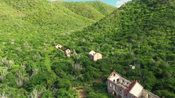 山の中の古い遺跡とカラカオ、カリブ海の風景の上の空中ビュー — ストック動画