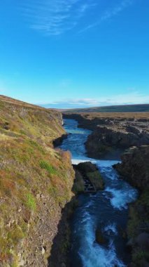 Barnafoss çevresindeki hava görüntüsü İzlanda 'ya düşüyor - dikey 4K video