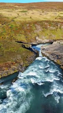 Barnafoss çevresindeki hava görüntüsü İzlanda 'ya düşüyor - dikey 4K video