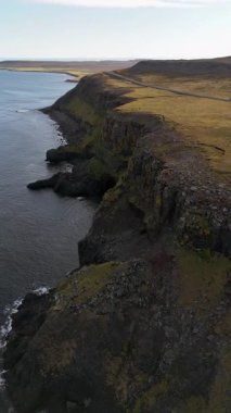 İzlanda 'nın kuzeyindeki kıyı manzarasının havadan görüntüsü dikey 4K
