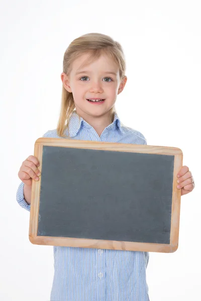 Blond skolflicka på vit bakgrund — Stockfoto