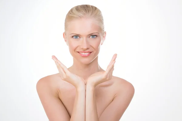 Beautiful blond girl smiling with open arms — Stock Photo, Image