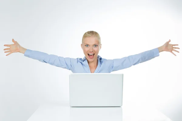 Astonished woman extends her arms — Stock Photo, Image