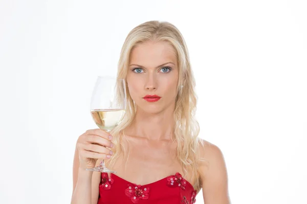 Sensuele Noordse meisje een witte wijn glas witte CHTERGRO vasthouden — Stockfoto