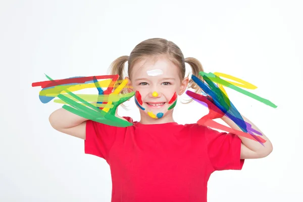 Criança feliz com pintura em suas mãos — Fotografia de Stock