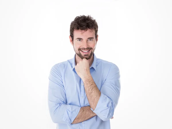 Portrait of smiling handsome young guy with turquoise shirt — Stock Photo, Image