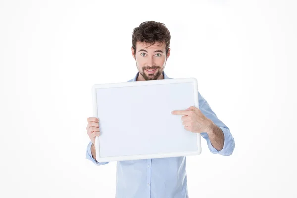 Young man showing a point on his board — Stock Photo, Image