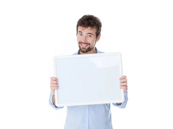 One smiling guy with a white panel in his hands — Stock Photo, Image