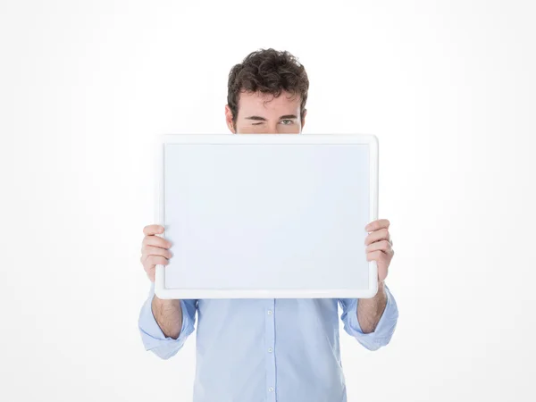 One man behind an empty board making a wink — Stock Photo, Image