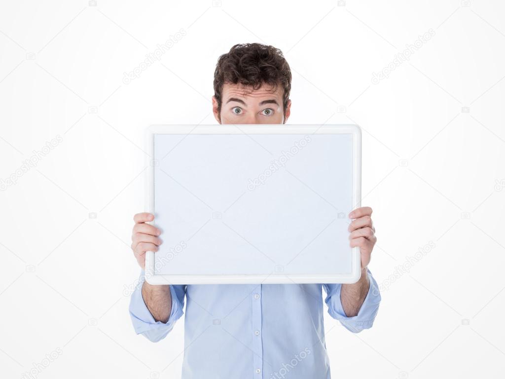 young man with half face cover by an empty board