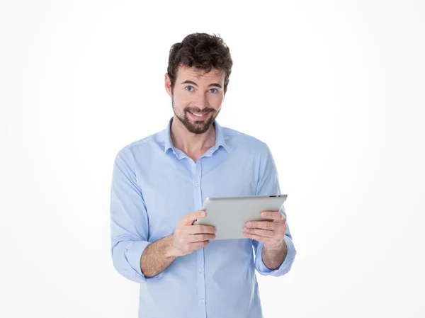 Young man happy for his new technologic present — Stock Photo, Image