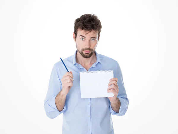 Guy holding a pen up in his hand — Stock Photo, Image