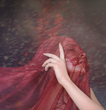 kadın kapalı kafa ve rüzgarlı arka plan, el ile