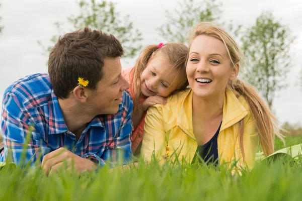 Happy family laying on grass — Stock Photo, Image