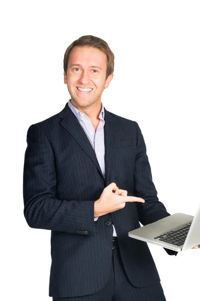 Handsome man in suit  very happy with laptop Stock Picture