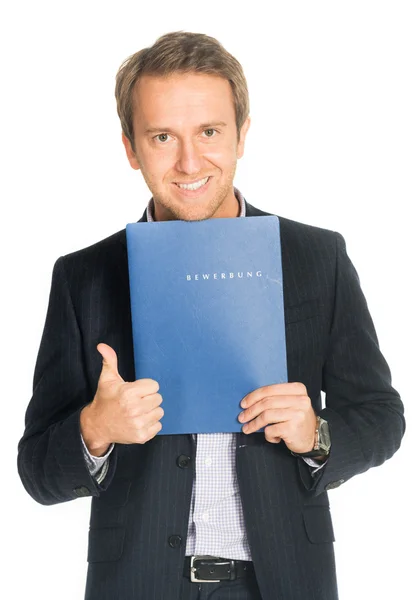 Handsome man in suit folder holding folder with job application — Stock Photo, Image