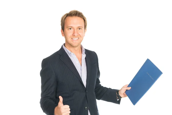 Guapo hombre en traje carpeta celebración carpeta con aplicación de trabajo —  Fotos de Stock