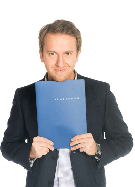 Handsome man in suit folder holding folder with job application — Stock Photo, Image