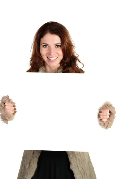 Beautiful woman with blank ad banner — Stock Photo, Image