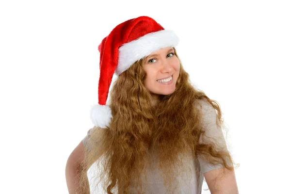 Attractive young woman with rad hair in santa hat — Stock Photo, Image