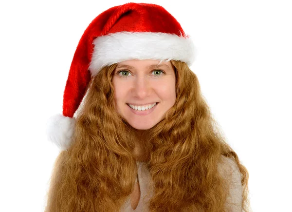 Attractive young woman with rad hair in santa hat — Stock Photo, Image