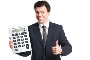 beyaz büyük hesap makinesi ile izole iş adamı