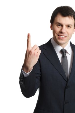 Beyaz gösterir parmağında izole iş adamı