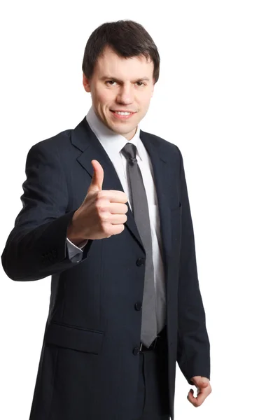 Businessman isolated on white shows thumb up — Stock Photo, Image