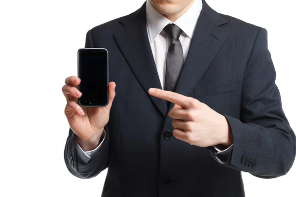 Üzletember elszigetelt fehér ponts-hoz mozgatható telefon — Stock Fotó