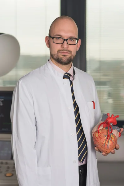 Γιατρός στο γραφείο κρατώντας μια καρδιά — Φωτογραφία Αρχείου