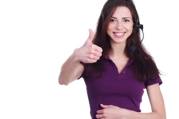 Hermosa chica con auriculares muestra pulgares hacia arriba — Foto de Stock