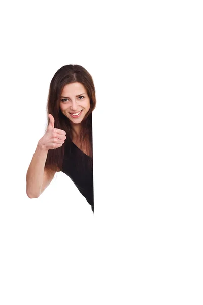 Attractive girl with blank ad shows thumb up — Stock Photo, Image