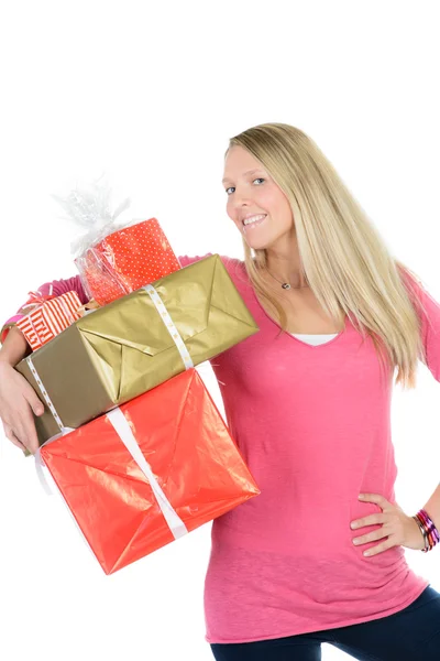 Beautiful girl with many present boxes smiles — Stock Photo, Image