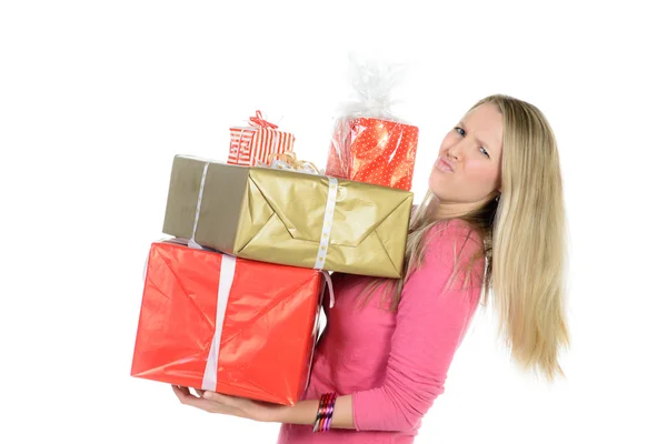 Beautiful girl with many present boxes smiles — Stock Photo, Image