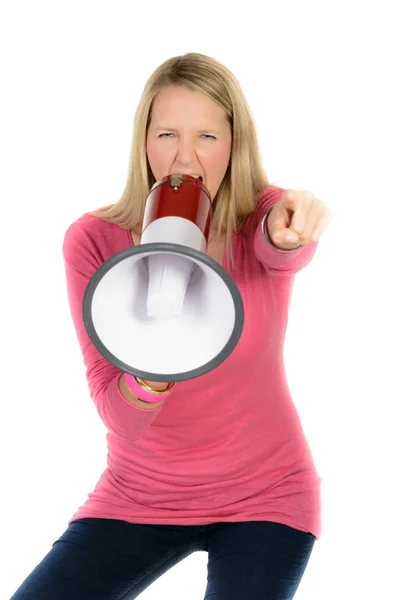 Piękna kobieta krzyczeć na megafon — Zdjęcie stockowe